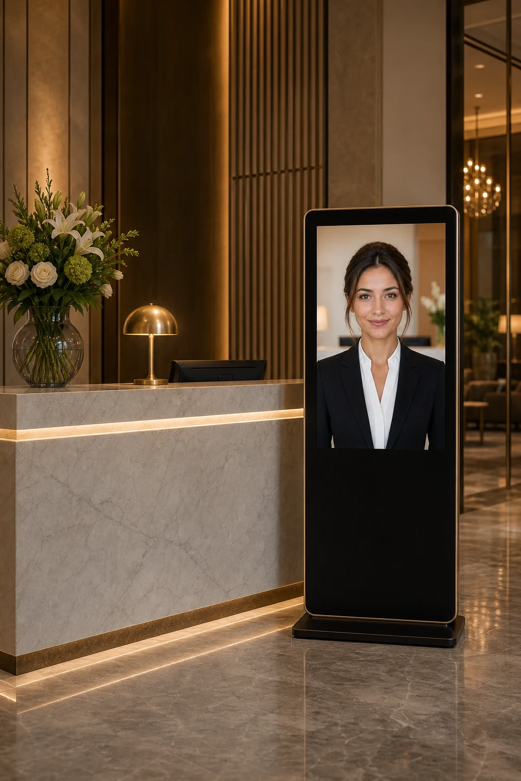Totem digitale con la presenza di Gaia in un’elegante area di accoglienza